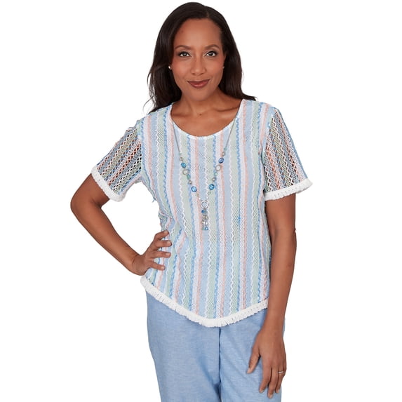 Alfred Dunner Womens Petite Textured Stripe Tee With Necklace