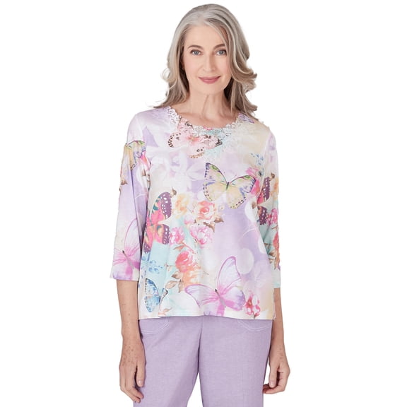 Alfred Dunner Womens Petite  Three Quarter Sleeve Butterfly Top
