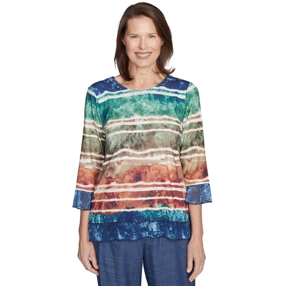 Alfred Dunner Womens Petite Tie Dye Striped Biadere Crewneck Top