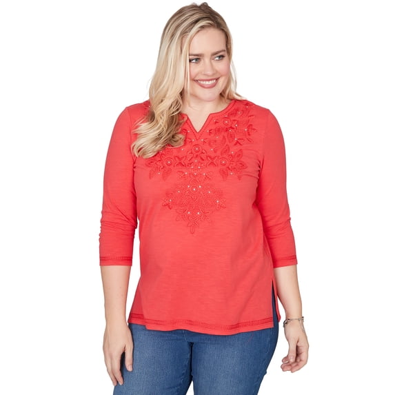 Alfred Dunner Womens Petite Tonal Embroidered Split Neck Top