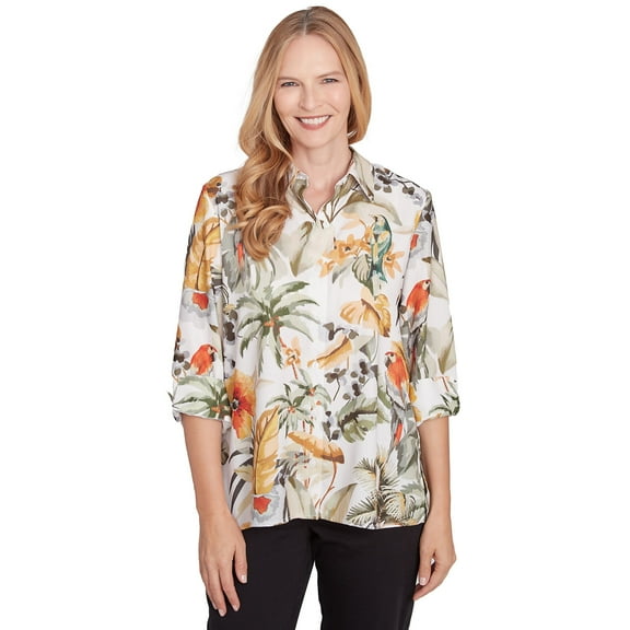 Alfred Dunner Womens Petite Tropical Bird Button Front Top