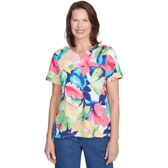 Alfred Dunner Womens Petite Tropical Leaf Split Beaded Neck Top