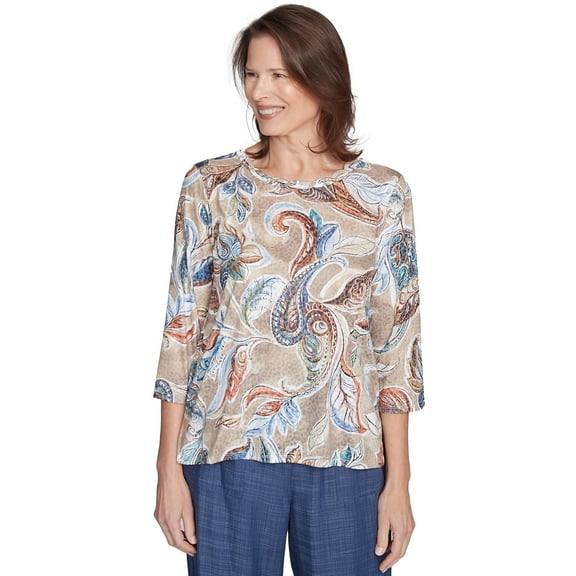 Alfred Dunner Womens Petite Twisted Crew Neck Paisley Top