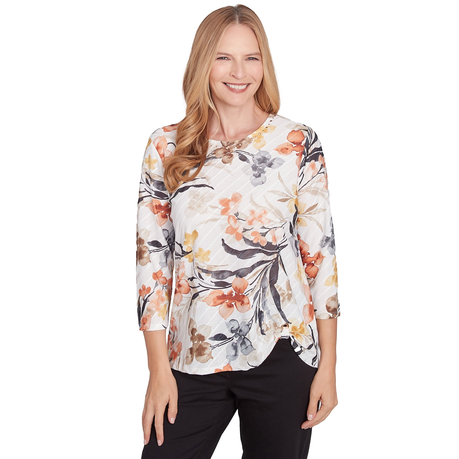 Alfred Dunner Women's Petite Asymmetric Floral Pullover - Embroidered Crewneck Top, Ribbed Trim, Cozy Comfort - View #10