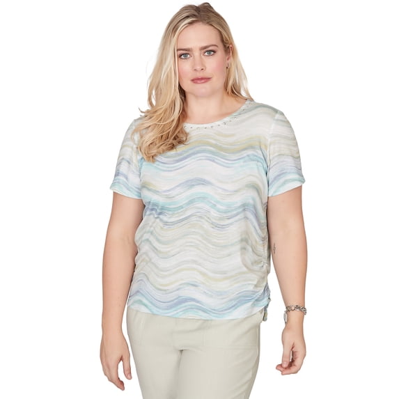 Alfred Dunner Womens Petite Wavy Biadere Side Tie Ruched Tee