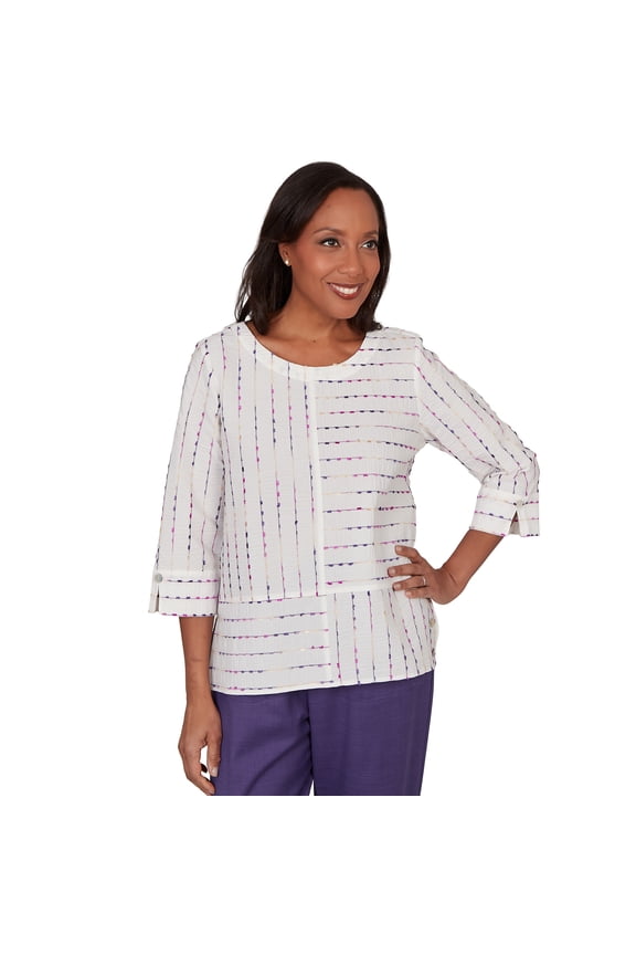 Womens Petite White Textured Rainbow Stripe Top