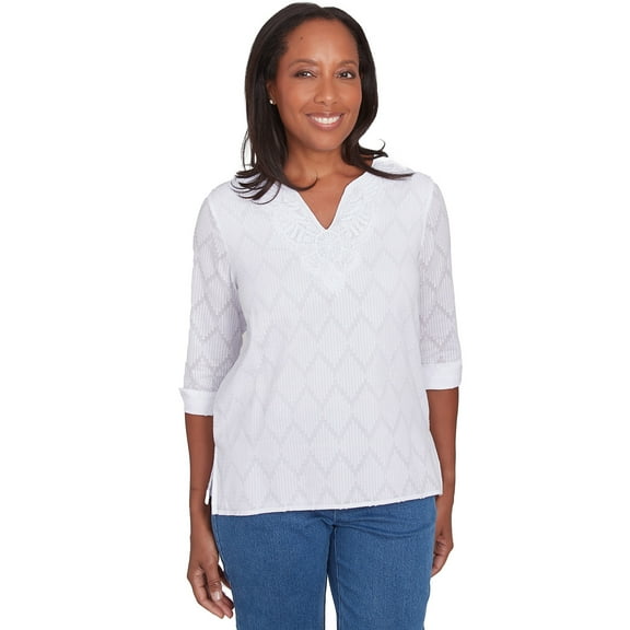 Alfred Dunner Womens Petite White Textured Split Neck Top