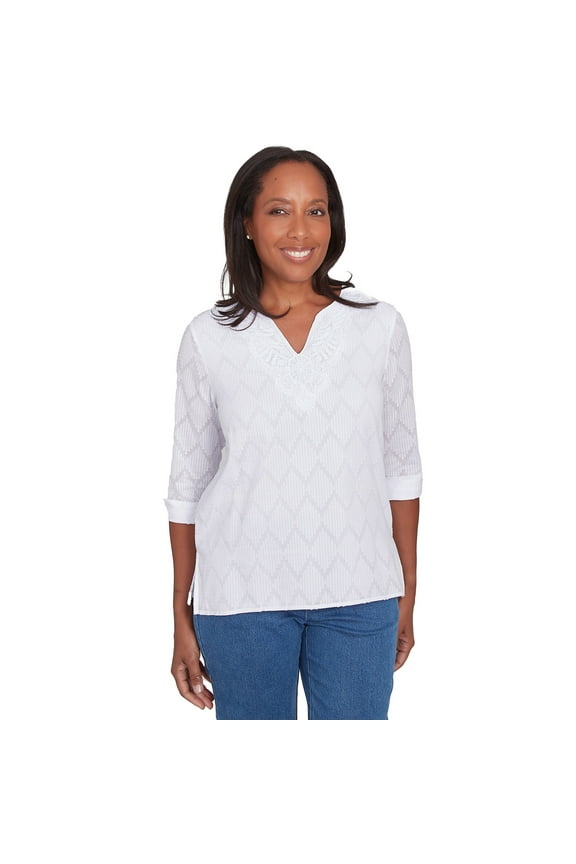 Womens Petite White Textured Split Neck Top