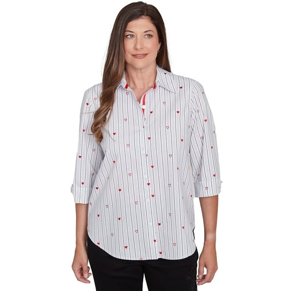 Alfred Dunner Womens Petite Woven Button Down Top With Stripes & Hearts