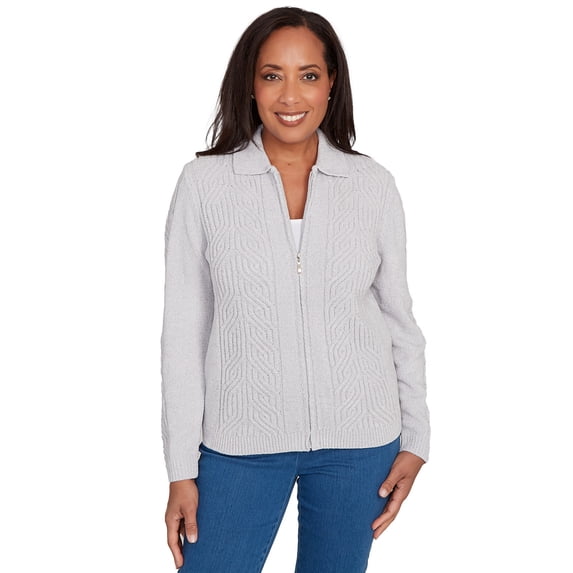 Alfred Dunner Womens Petite Zip-Front Chenille Collared Cardigan