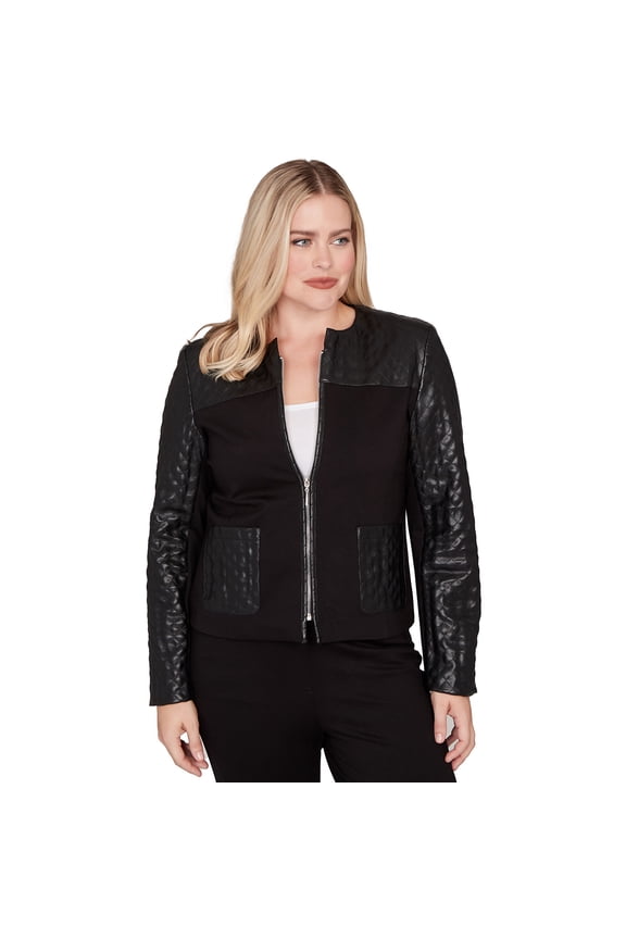 Womens Petite Zip Front Stretch Faux Leather Ponte Jacket
