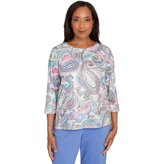 Alfred Dunner Womens Pleated Paisley Crew Neck Top