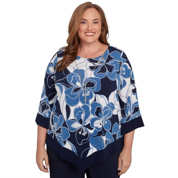Alfred Dunner Womens Plus-Size Abstract Bold Floral Patchwork Top With Necklace