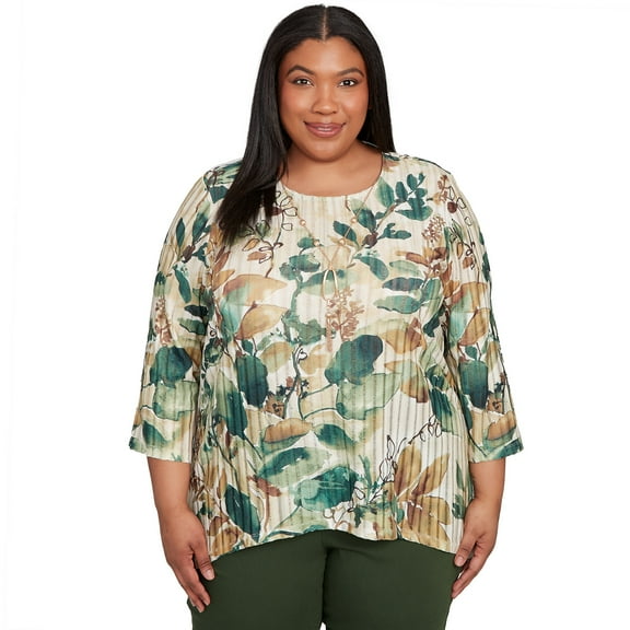 Alfred Dunner Womens Plus-Size Abstract Leaf Sharkbite Hem Top With Necklace