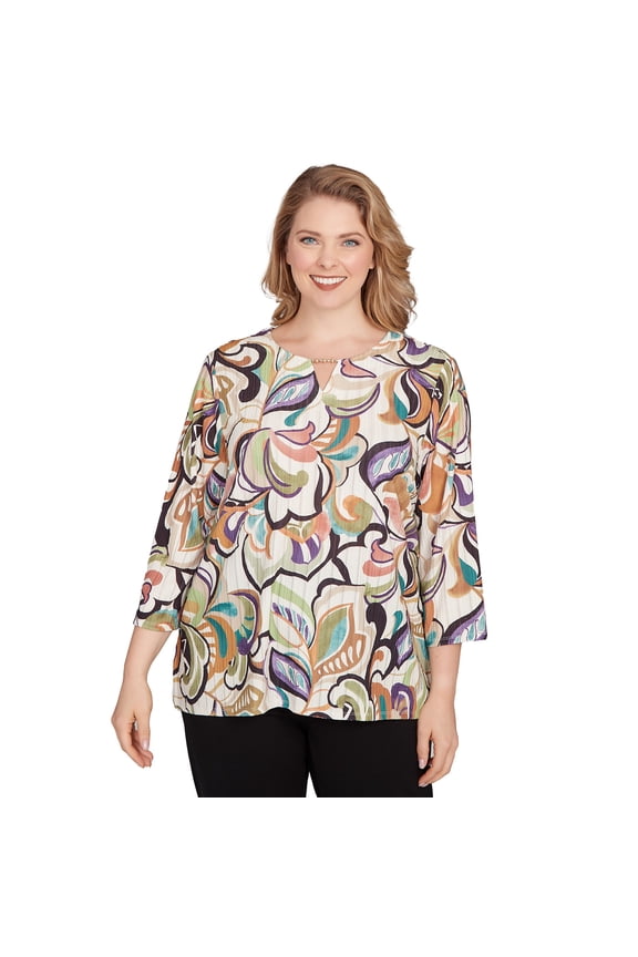 Womens Plus-Size Abstract Scroll Split Neck Top