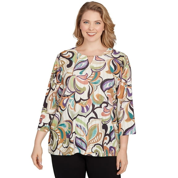 Alfred Dunner Womens Plus-Size Abstract Scroll Split Neck Top
