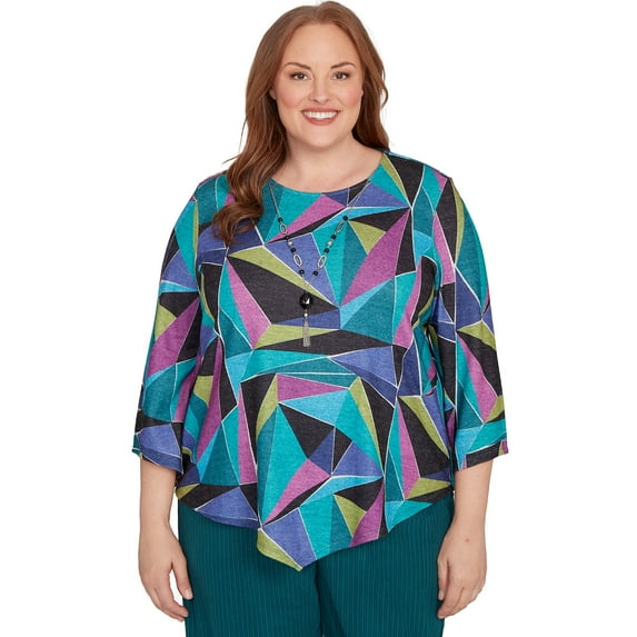 Alfred Dunner Womens Plus-Size Abstract Stained Glass Top With Necklace