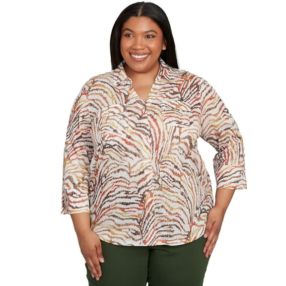 Alfred Dunner Womens Plus-Size Animal Burnout Button Front Top