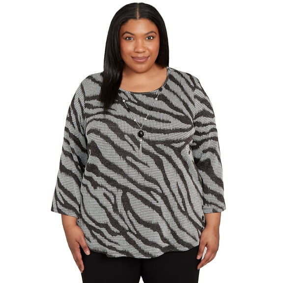 Alfred Dunner Womens Plus-Size Animal Houndstooth Top With Necklace