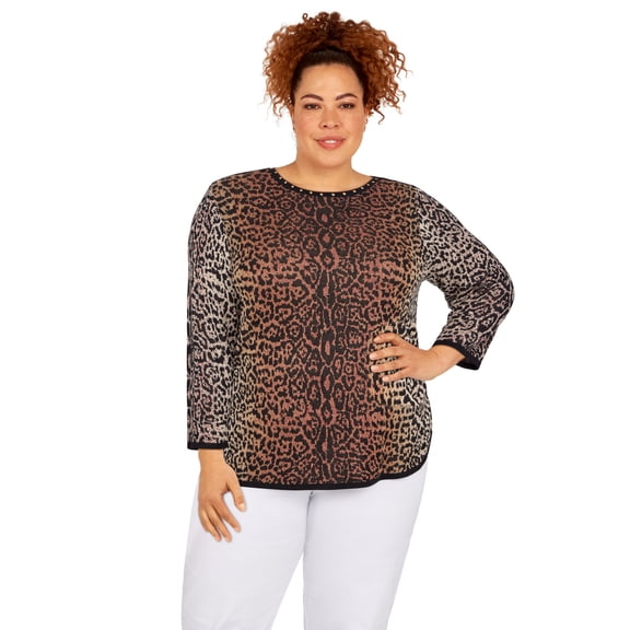 Alfred Dunner Womens Plus-Size  Animal Jacquard 3/4 Sleeve Sweater