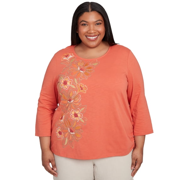 Alfred Dunner Womens Plus-Size Asymmetric Floral Embroidered Tie Ruching Top