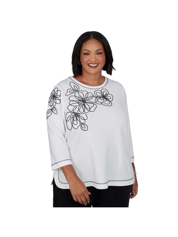 Womens Plus-Size Asymmetric Floral Outline Soutache Top
