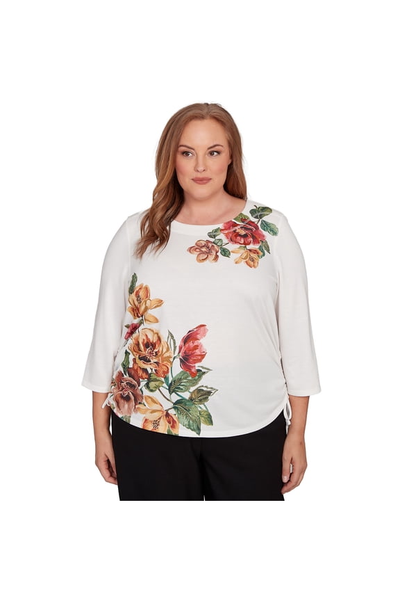 Womens Plus-Size Asymmetric Floral Side Tie Top