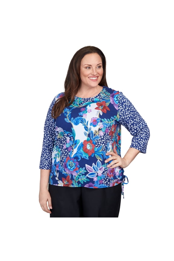 Womens Plus-Size Batik Floral Patch Drawstring Top