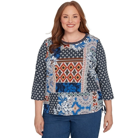 Alfred Dunner Womens Plus-Size Batik Patchwork Drawstring Closure Top