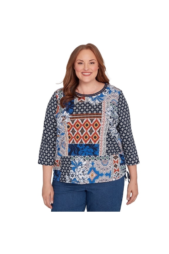 Womens Plus-Size Batik Patchwork Drawstring Closure Top