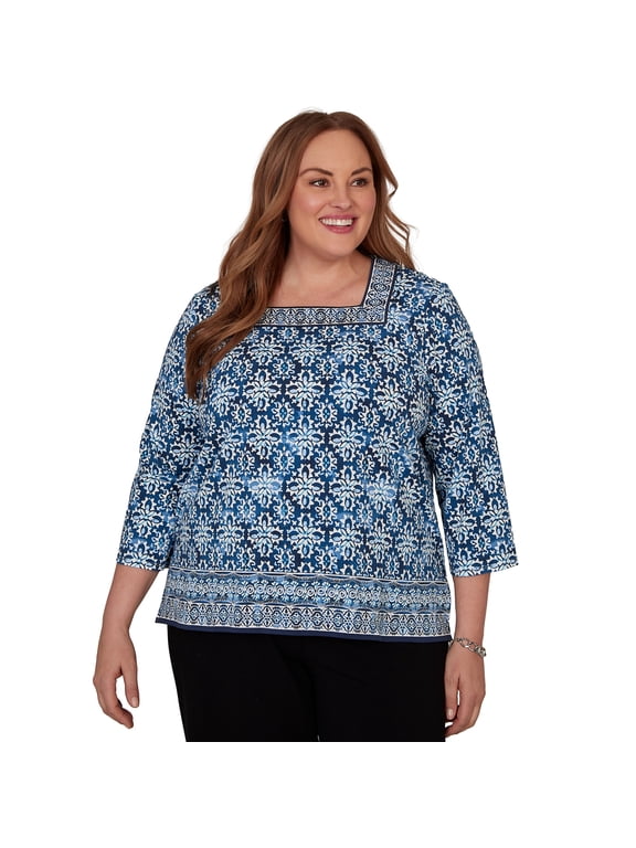 Womens Plus-Size Batik Tile Square Neck Top