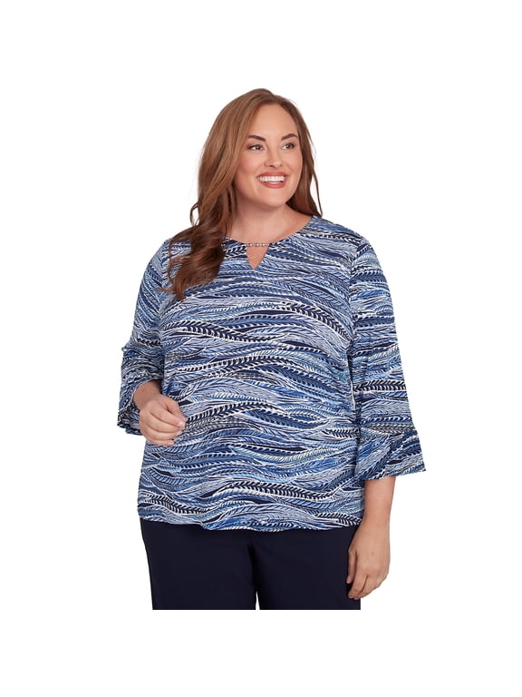 Womens Plus-Size Beaded Split Neck Feathers Top
