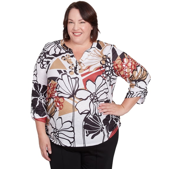 Alfred Dunner Womens Plus-Size Bold Floral Illustrated Henley Top