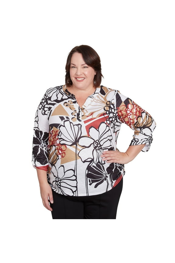Womens Plus-Size Bold Floral Illustrated Henley Top