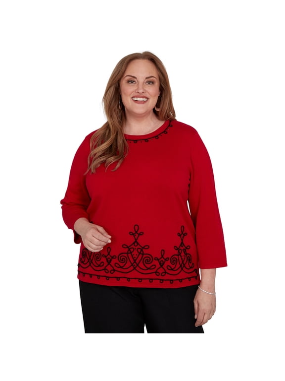 Womens Plus-Size Border Scroll Soutache Sweater