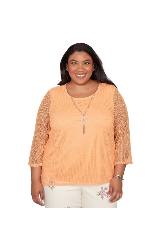 Womens Plus-Size Bright Popcorn Mesh Top With Necklace