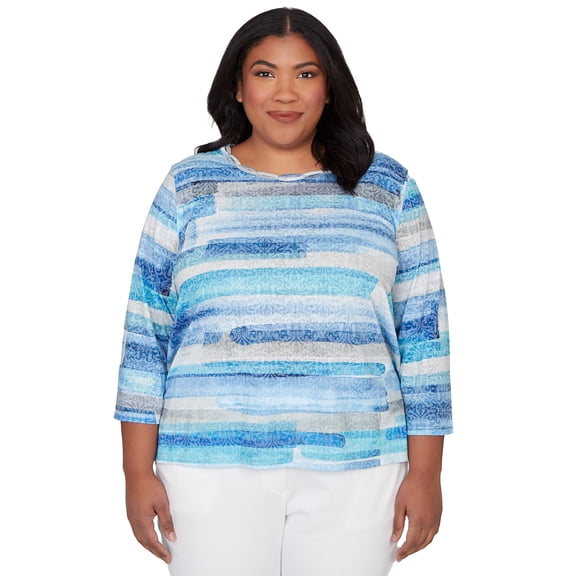 Alfred Dunner Womens Plus-Size Brushstroke Biadere Embellished Neck Top