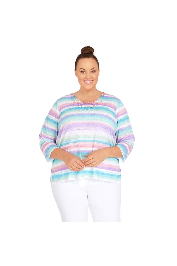 Womens Plus-Size Burnout Stripe Lace Neck Top