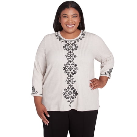 Alfred Dunner Womens Plus-Size Center Embroidered Medallion Textured Top