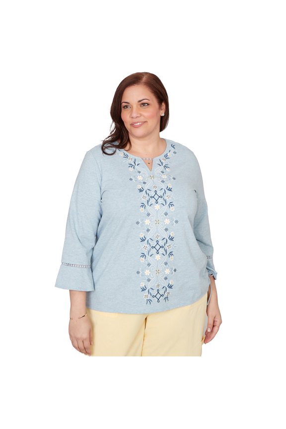 Womens Plus-Size Center Scroll Embroidered Side Tie Top
