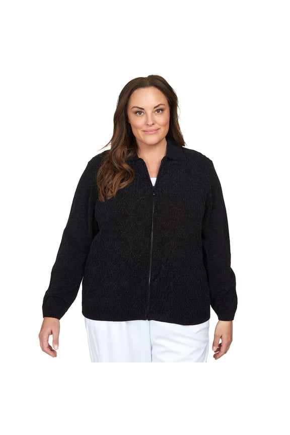 Womens Plus-Size Chenille Metallic Zip Front Cardigan