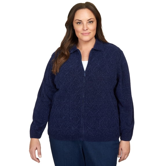 Alfred Dunner Womens Plus-Size Chenille Metallic Zip Front Cardigan