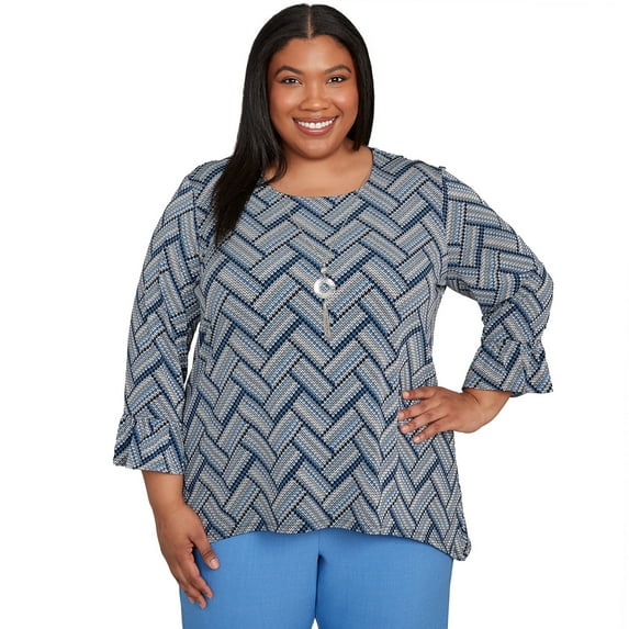 Alfred Dunner Womens Plus-Size Chevron Textured Knit Top With Necklace