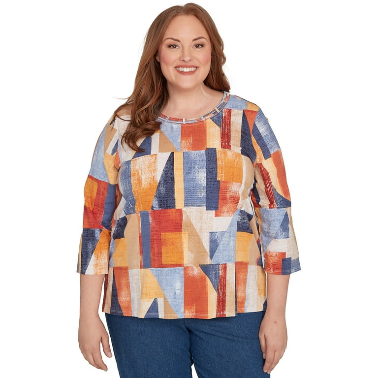 Alfred Dunner Womens Plus-Size Colorblock Detailed Neckline Top