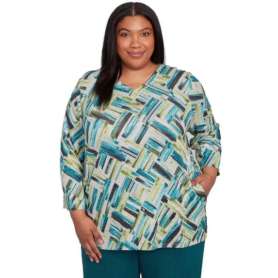 Alfred Dunner Womens Plus-Size Detailed V Neck Brushstroke Top