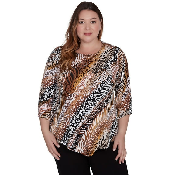 Alfred Dunner Womens Plus-Size Diagonal Animal Print Top With Necklace