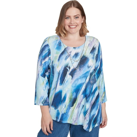 Alfred Dunner Womens Plus-Size Diagonal Brushstroke Top With Necklace
