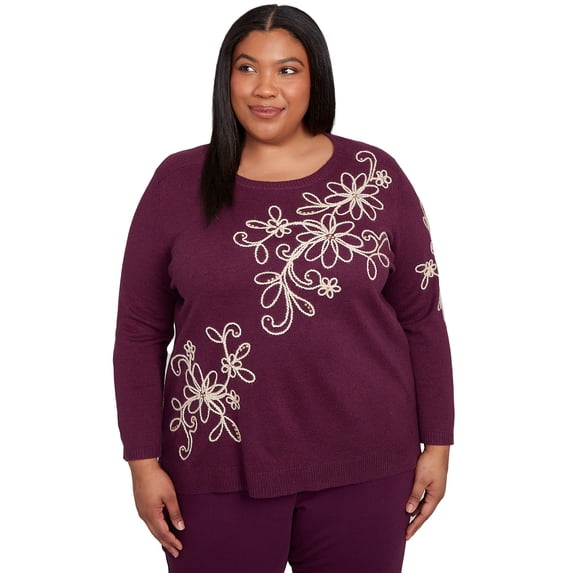Alfred Dunner Womens Plus-Size Diagonal Floral Embroidered Sweater