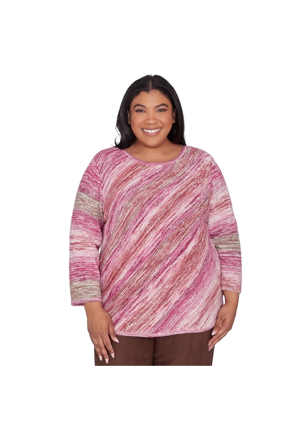 Womens Plus-Size Diagonal Space Dye Crew Neck Sweater