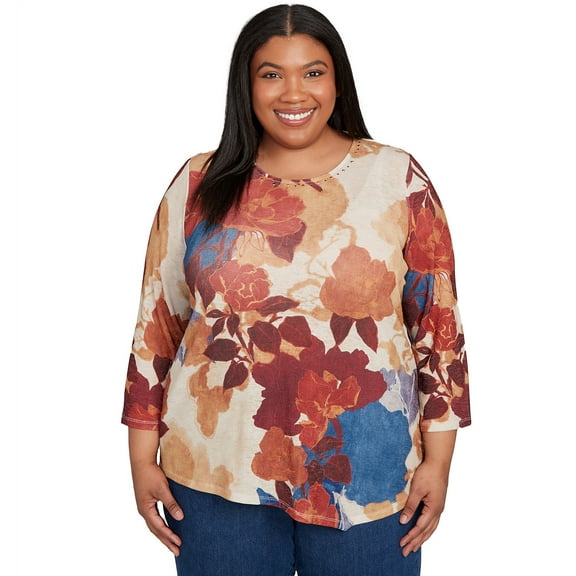 Alfred Dunner Womens Plus-Size Dramatic Abstract Floral Asymmetrical Top